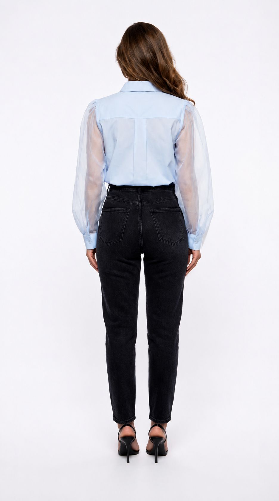 Blue blouse with sheer sleeves