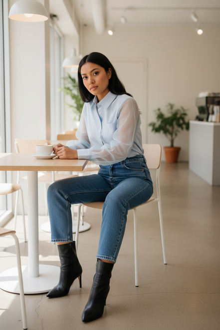 Chemisier bleu manches transparentes