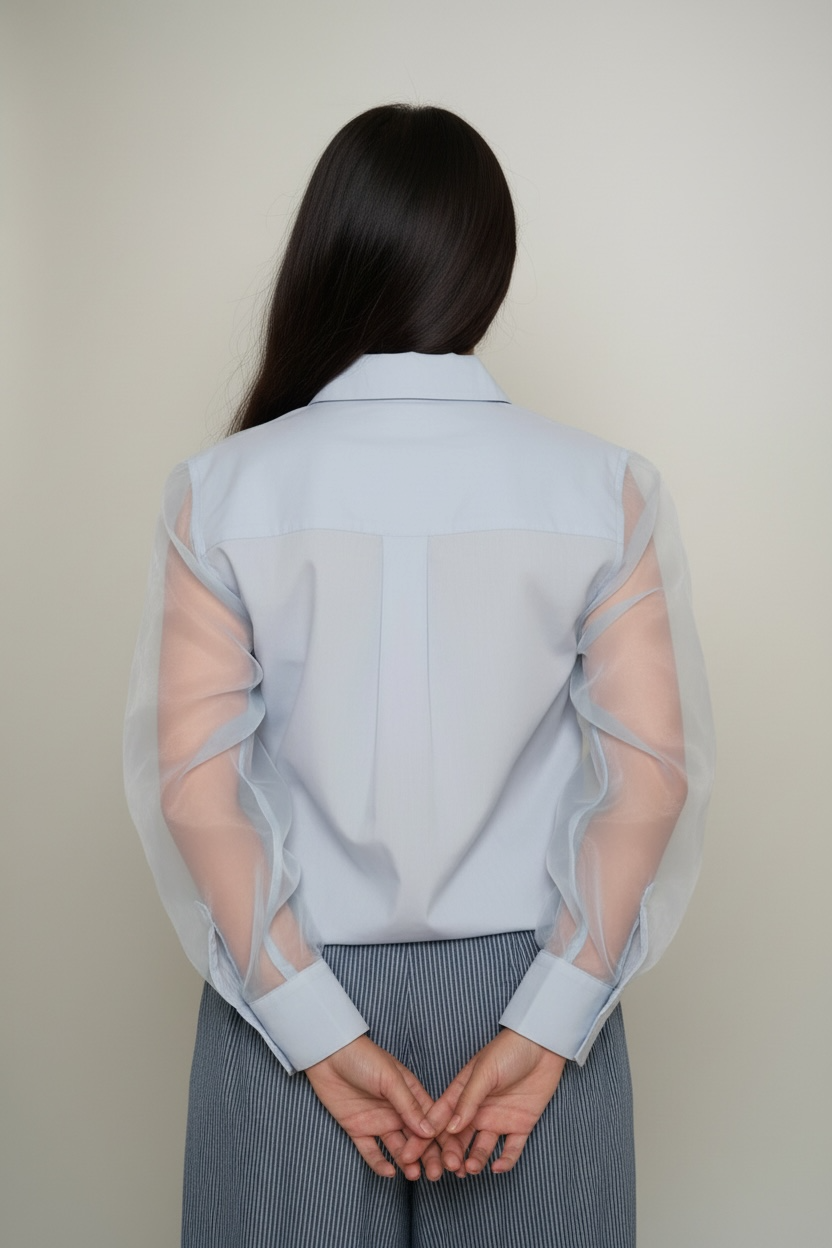 Chemisier bleu manches transparentes